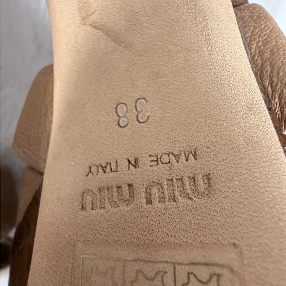 Miu Miu Tan Leather Strappy Cork Platform Heels Size 38 Made in Italy size 7.5